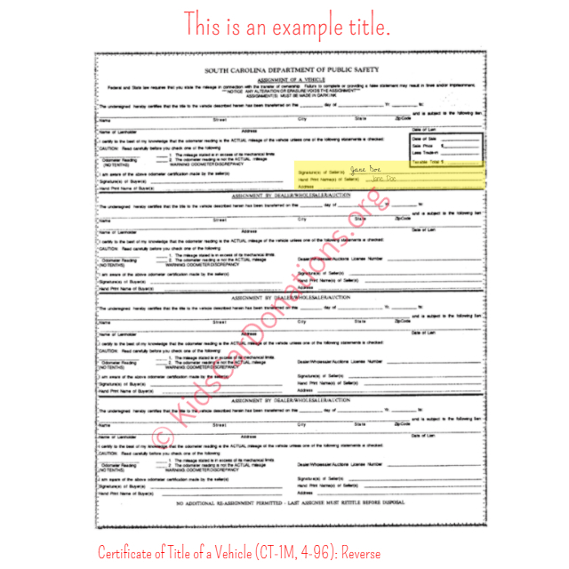 This is an Example of South Carolina Certificate of Title of a Vehicle (CT-1M, 4-96) Reverse View | Kids Car Donations